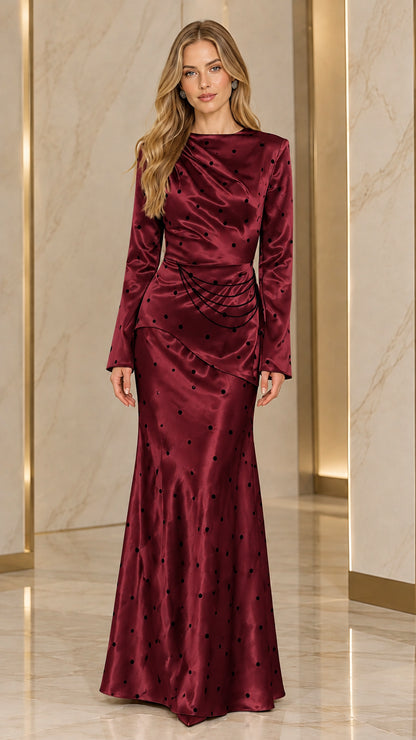 Burgundy wine red polka dot satin evening maxi dress