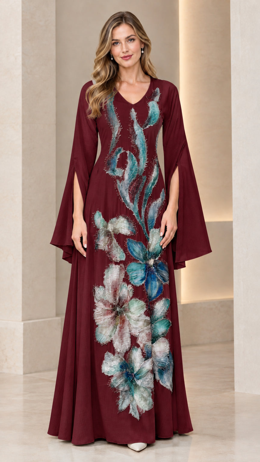 Burgundy wine red floral embroidered formal maxi gown