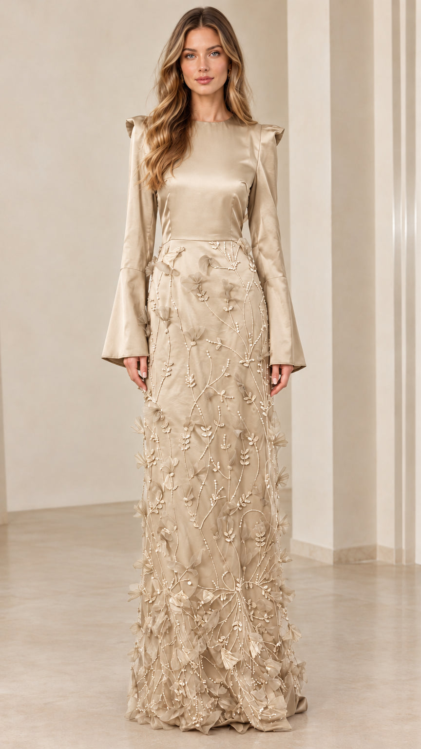 Full front view of the formal evening maxi dress in Champagne