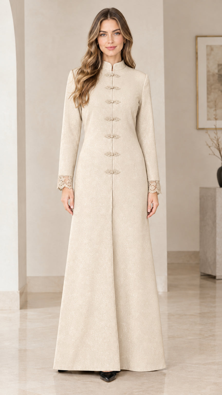 Champagne cream long sleeve maxi dress with lace sleeve trim
