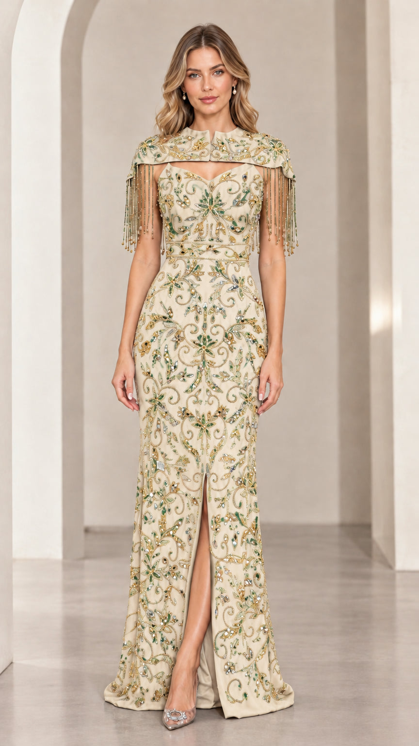 Champagne gold sequin embellished floor-length gown with fringe overlay