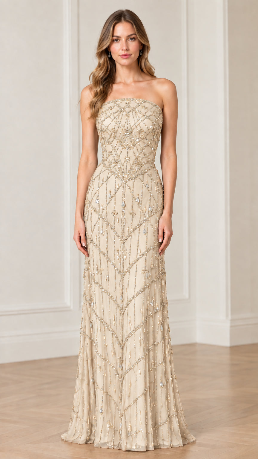 Strapless beaded formal maxi dress in champagne nude front view