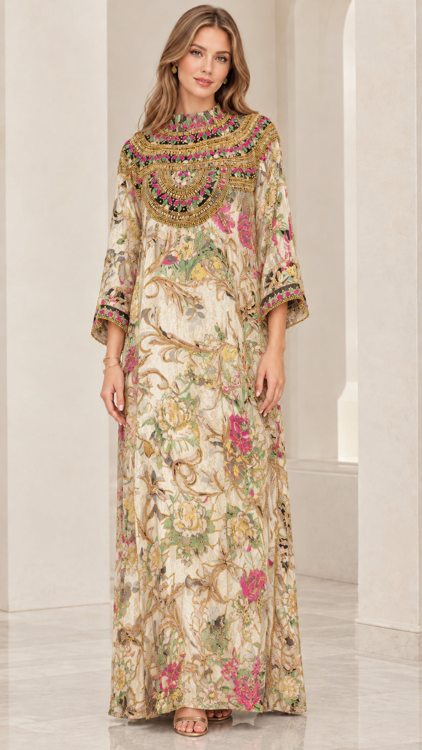 Front view of champagne cream floral embellished kaftan maxi dress