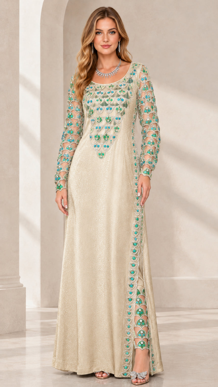 Front view of woman wearing champagne gold sequin embroidered long sleeve formal gown