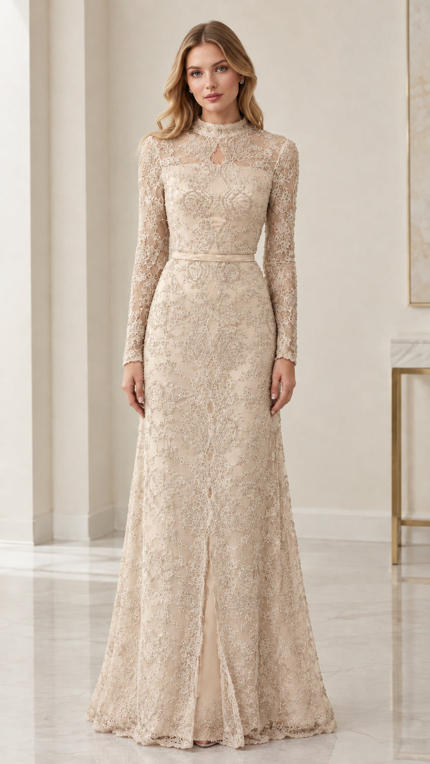 Front view of champagne beige mock neck long sleeve lace evening dress