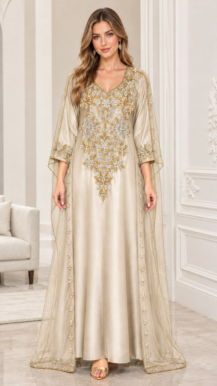 Model wearing Champagne gold embroidered cape kaftan maxi dress