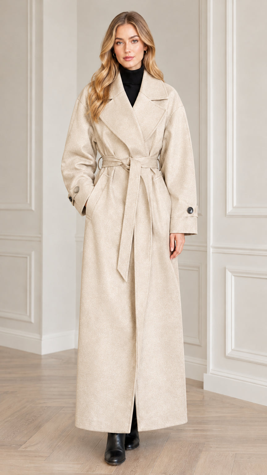 Model wearing cream beige maxi belted overcoat with black boots