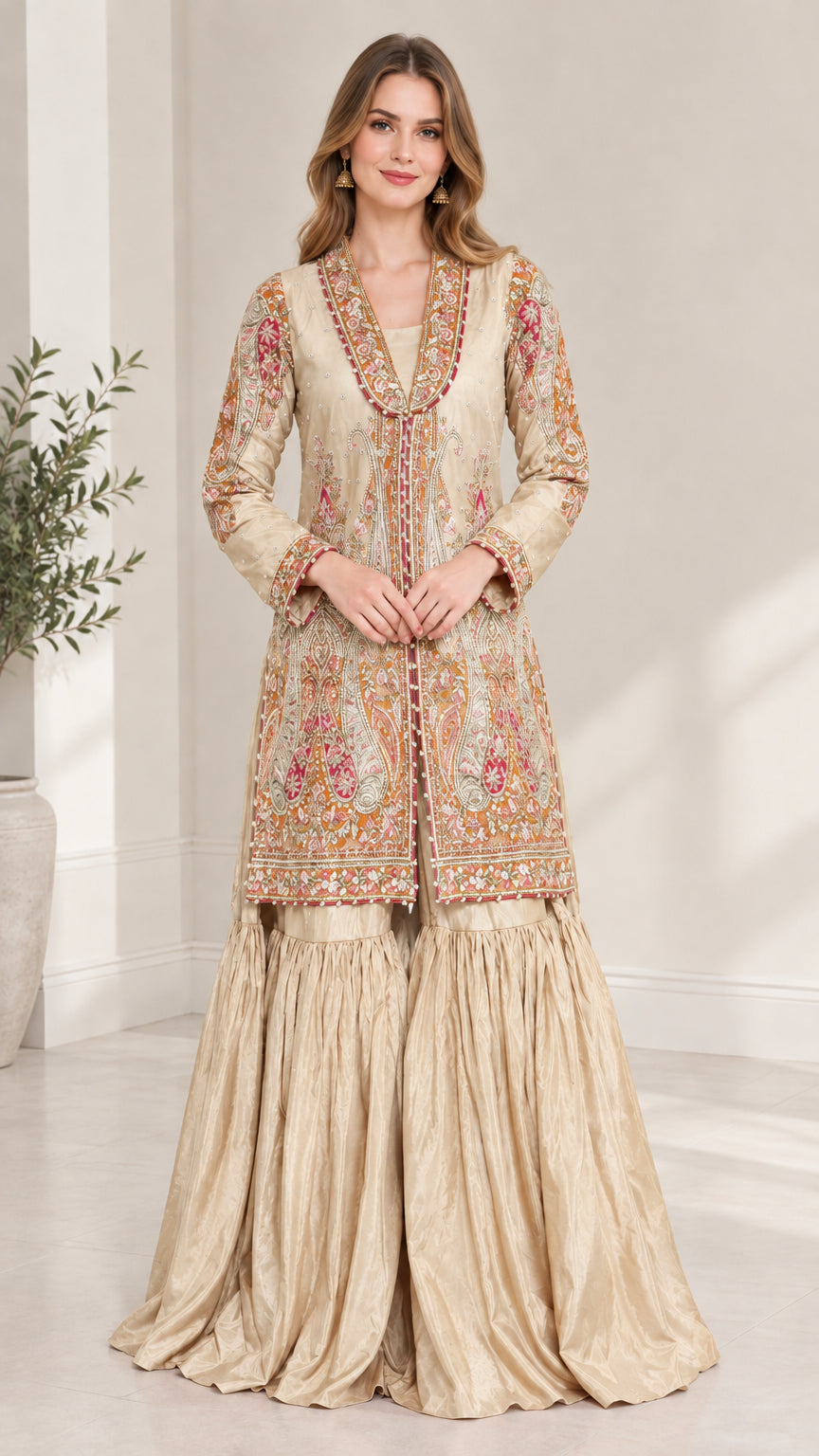 Woman wearing Champagne Gold embroidered ethnic jacket and sharara suit
