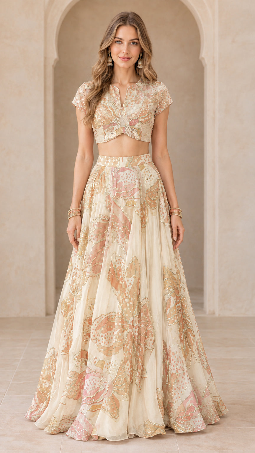 Champagne cream printed two-piece crop top and maxi skirt set front view