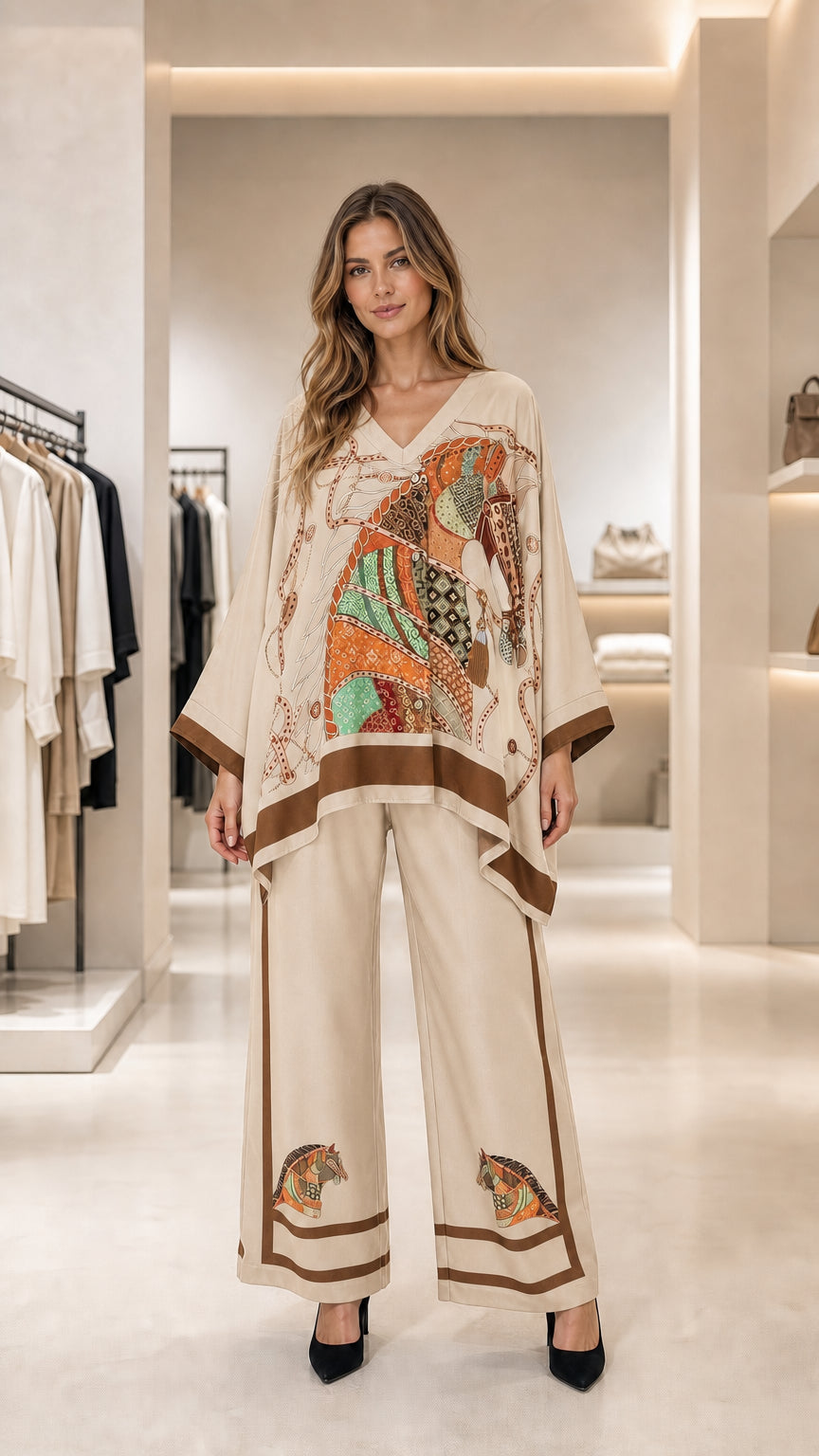 Cream beige equestrian scarf print poncho top and matching wide-leg trousers set