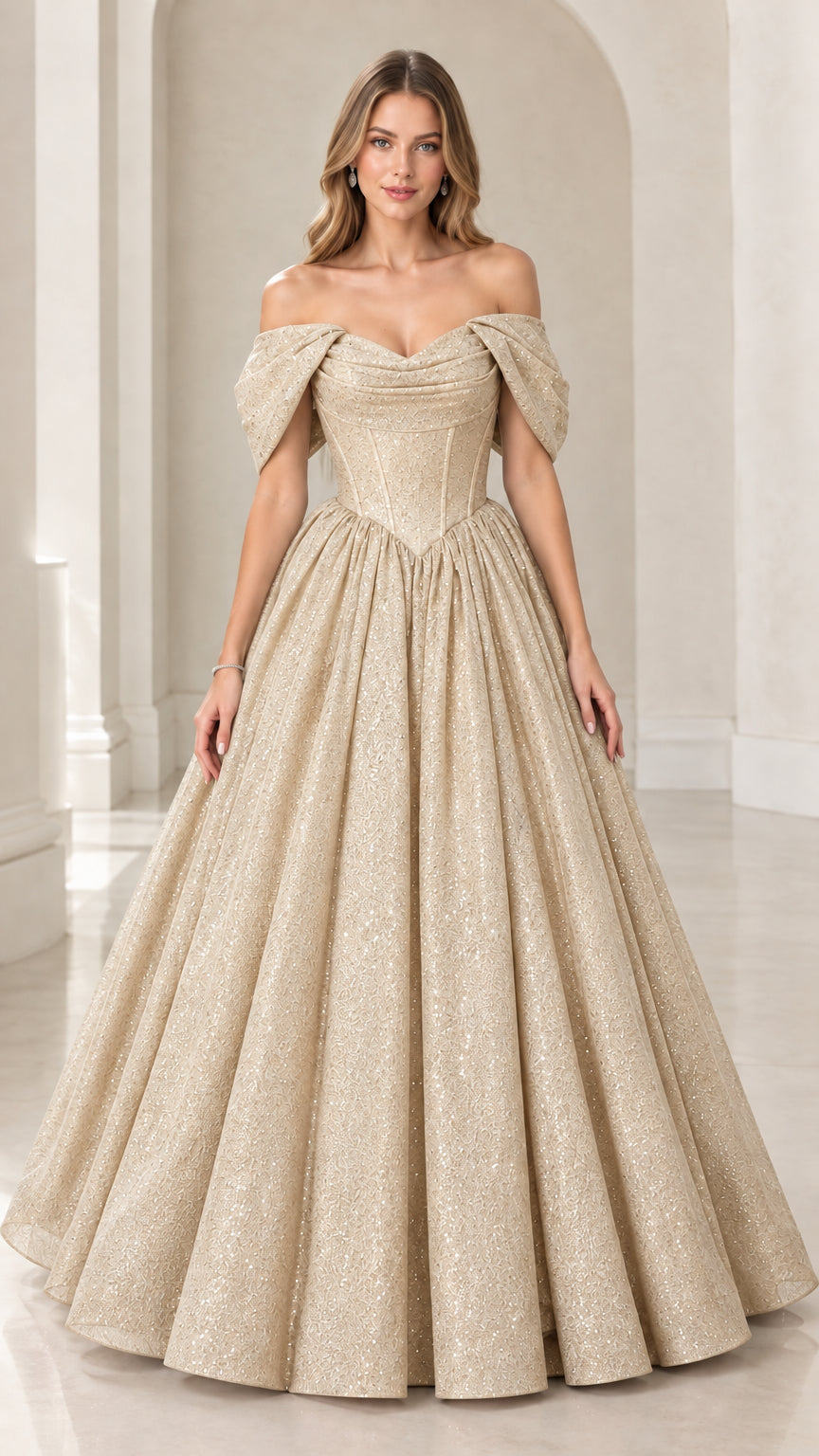 Champagne gold off-the-shoulder shimmering formal evening gown