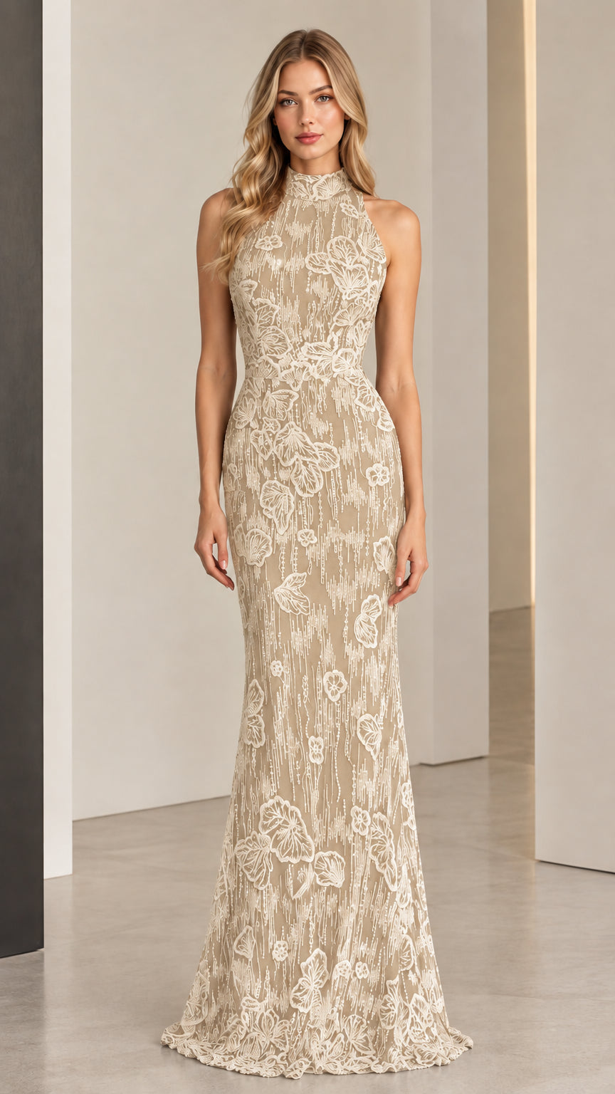 Cream floral halter neck maxi dress shown from the front