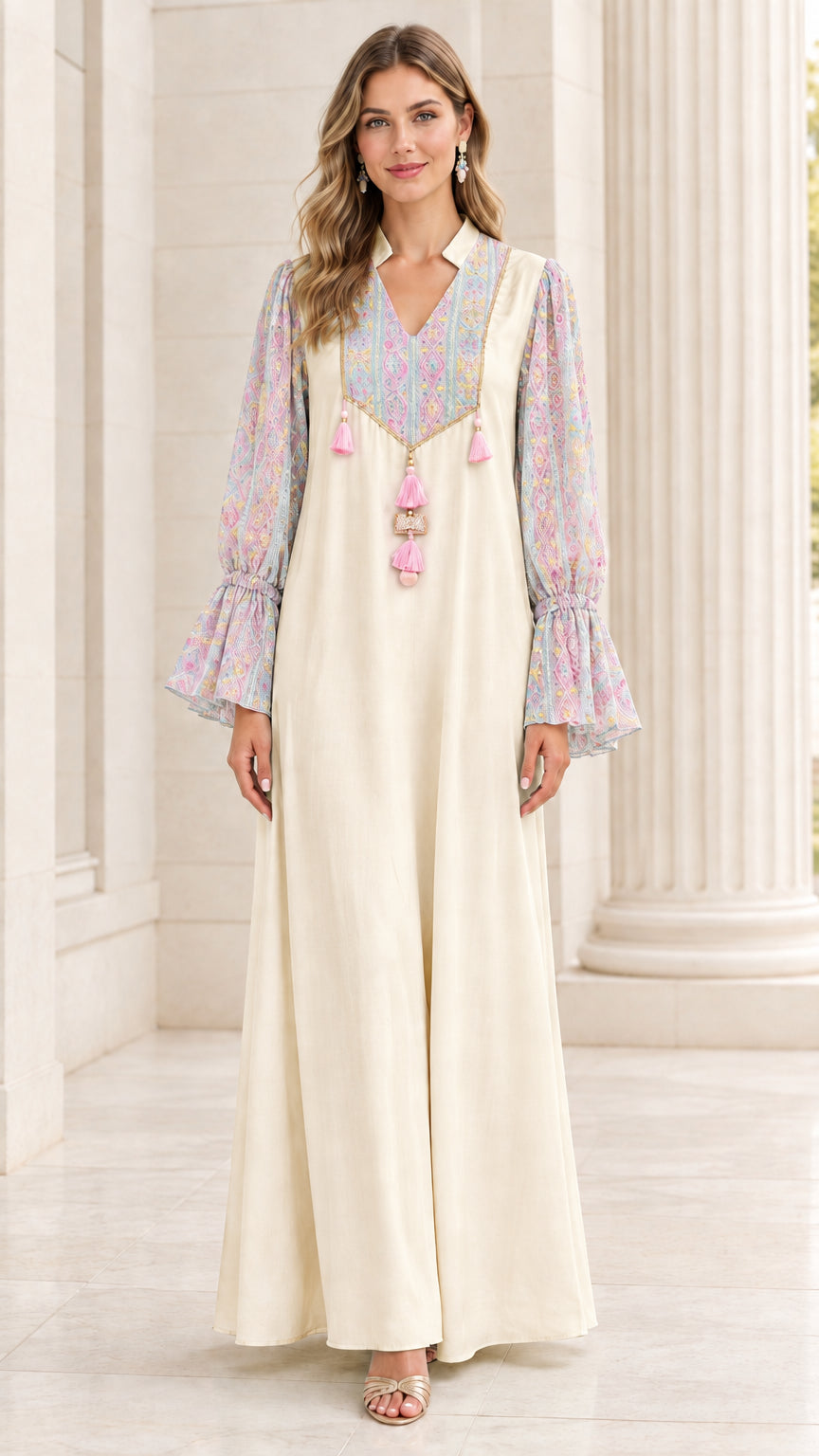 Cream elegant floor length dress with contrast patterned sleeves