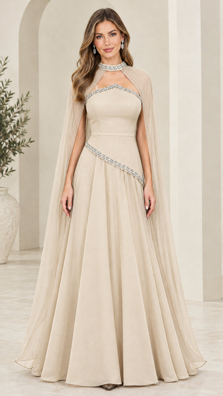 Front full-length view of champagne beige high-neck cape formal dress