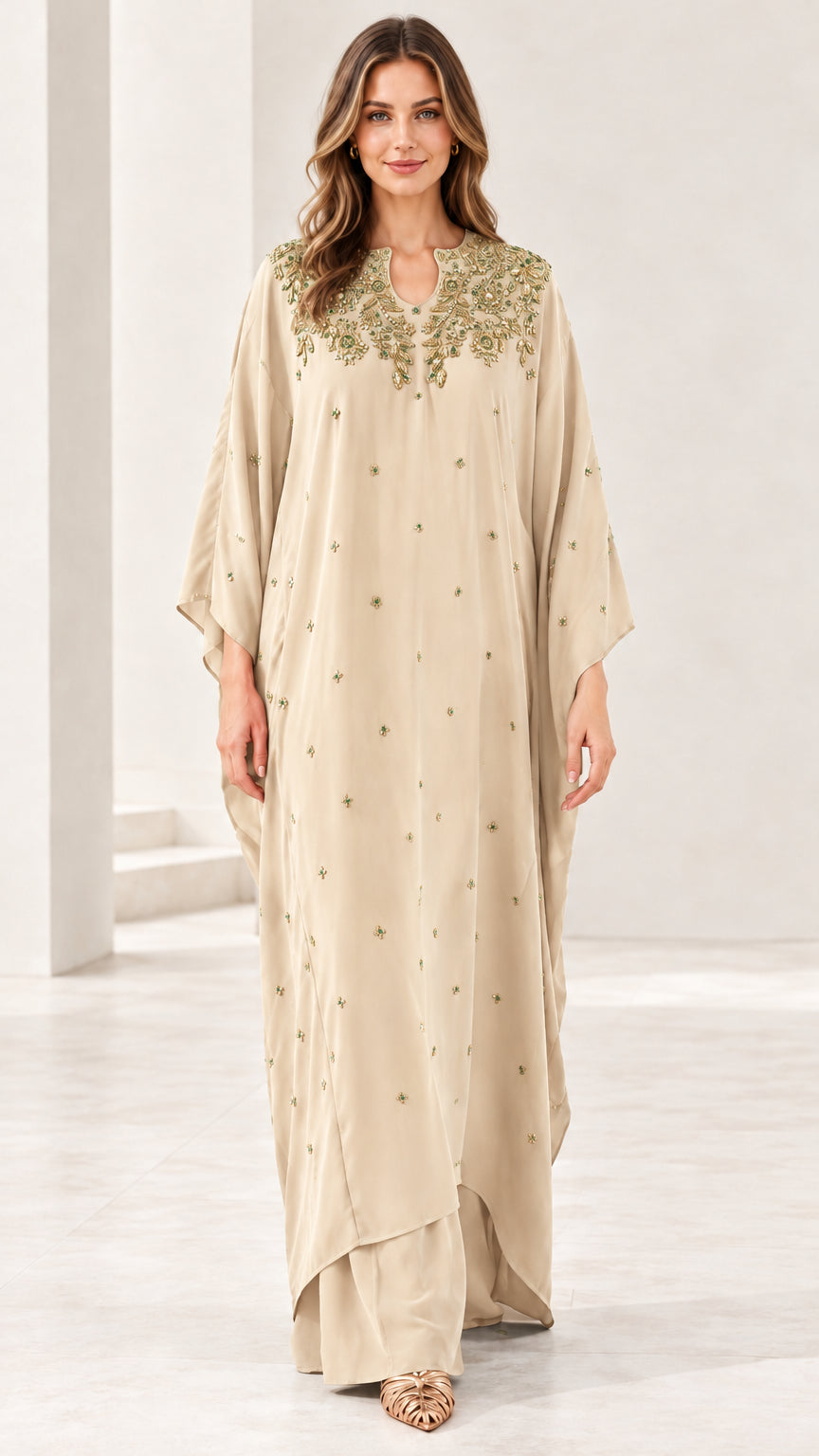Front view of champagne beige embroidered beaded kaftan maxi dress