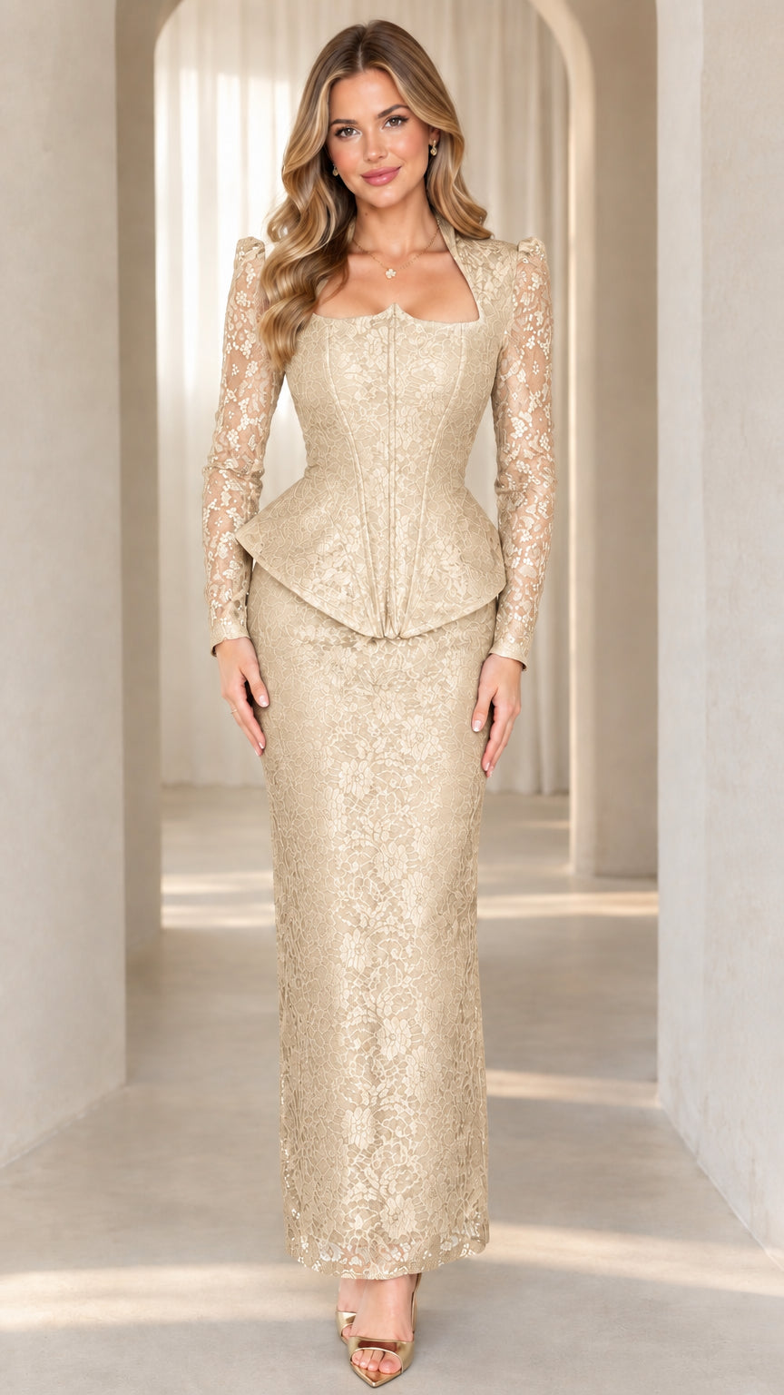 Woman wearing champagne gold floral lace corset peplum long dress
