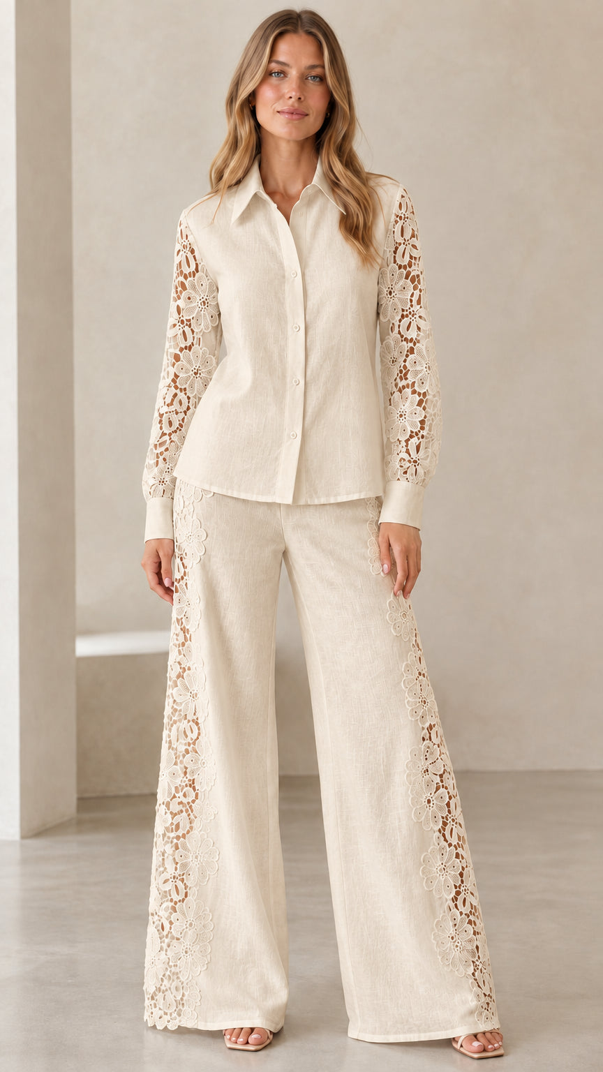 Front view of model wearing cream beige lace button-down shirt and wide-leg pants set