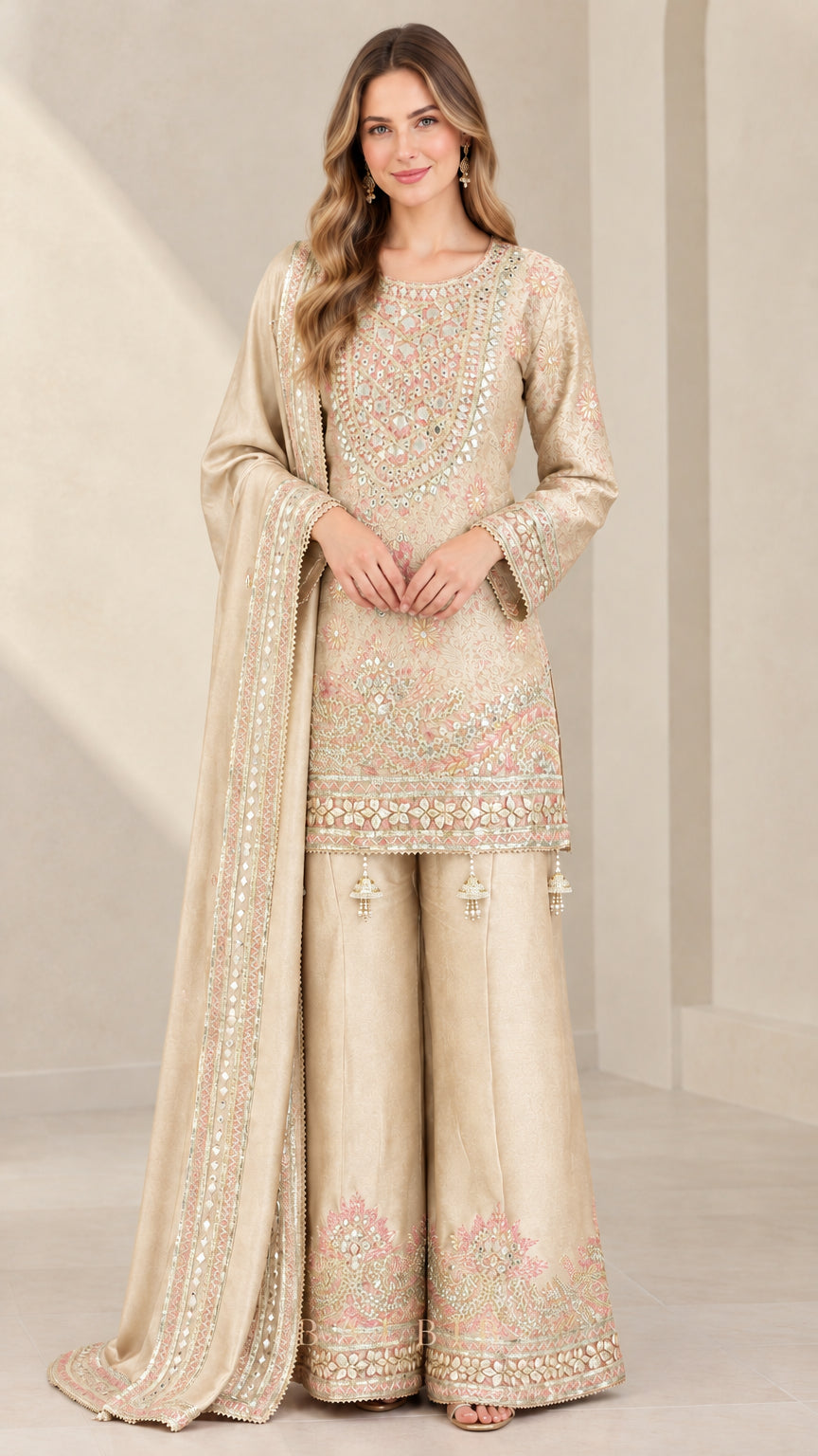 Front view of woman wearing Champagne gold embroidered sharara suit set with dupatta